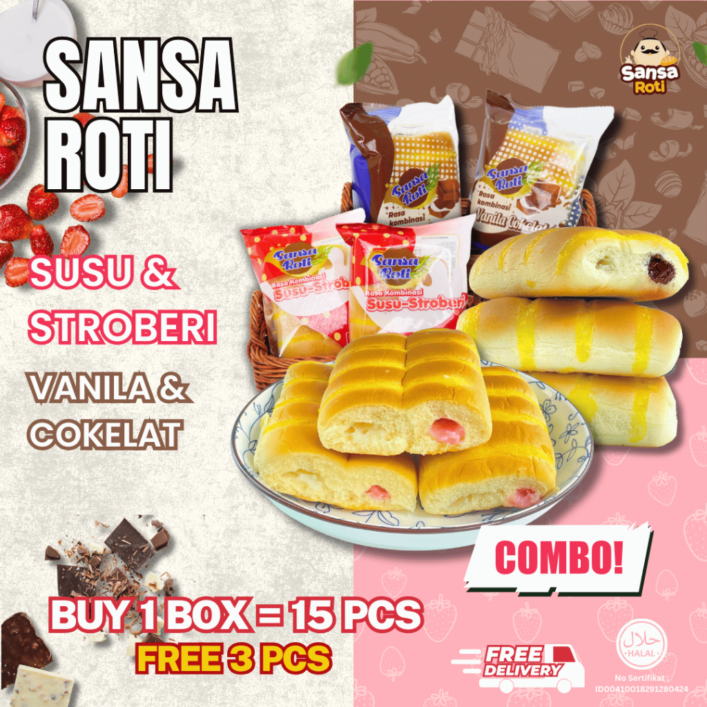 

[ISI 15pcs+Free 3pcs] - Sansa Roti - Special Mix 2 Rasa Susu Stroberi & Vanila Cokelat | Roti 1 Dus