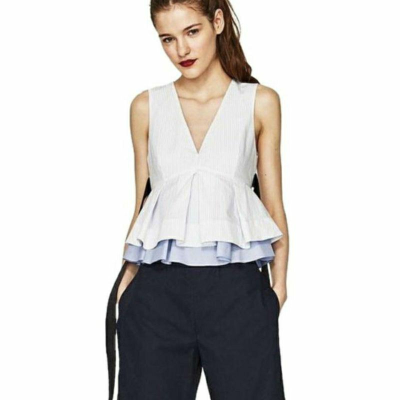 (NEW) ZARA CROP TOP PEPLUM BLUR STRIPE VEST BIRU SALUR KOREA ORIGINAL