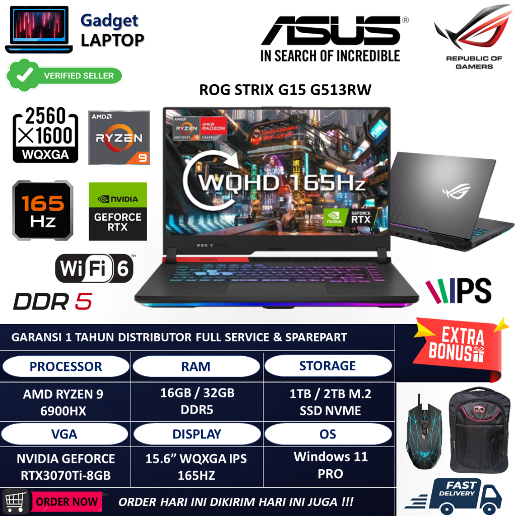 Laptop Gaming Asus ROG Strix G513RW Ryzen 9 6900HX 32GB DDR5 2TB RTX3070Ti WQXGA IPS 165Hz Windows