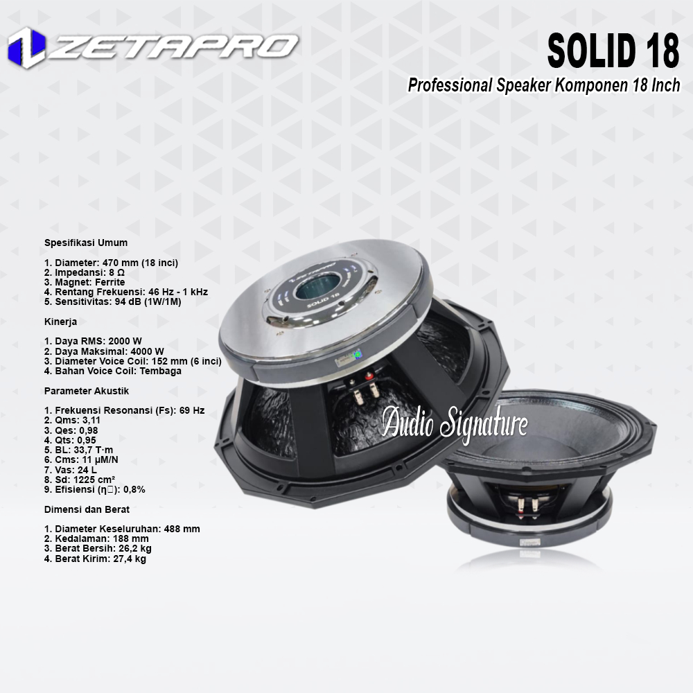 Komponen Speaker 18 Inch ZETAPRO SOLID 18 | SOLID18 Original 4000 Watt