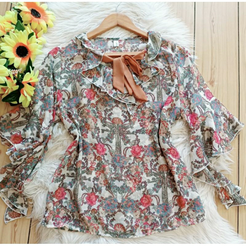 BLOUSE RUFFLE FLORAL TOP SIFON BUNGA VINTAGE NECK TIE KOREA