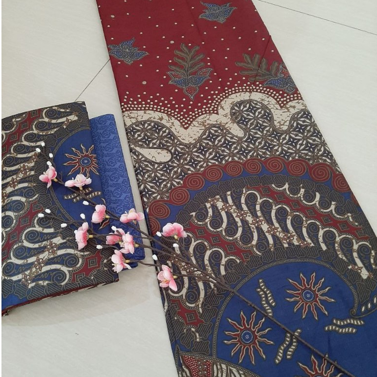 Kain Batik Motif Mizuki Biru Hijau Merah Kuning Bahan Katun Pekalongan 2 Meter