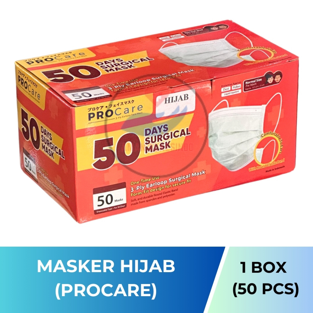 Masker Hijab / Headloop 3Ply 1BOX Isi 50Pcs Masker Hijab Medis Warna Putih Hijau PROCARE