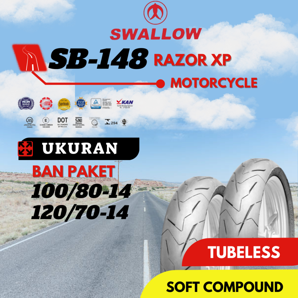 PAKET BAN LUAR SEPEDA MOTOR SWALLOW SB-148 RAZOR XP 100/80 & 120/70 RING 14 TUBELESS PCX 150