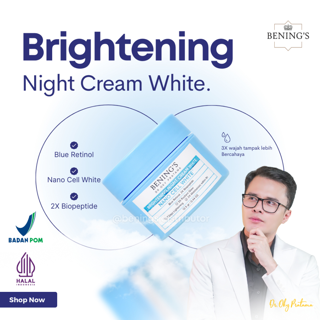 Benings Skincare Brightening Night Cream Nano Cell White Hyaluronic Acid Mencerahkan Wajah Perawatan