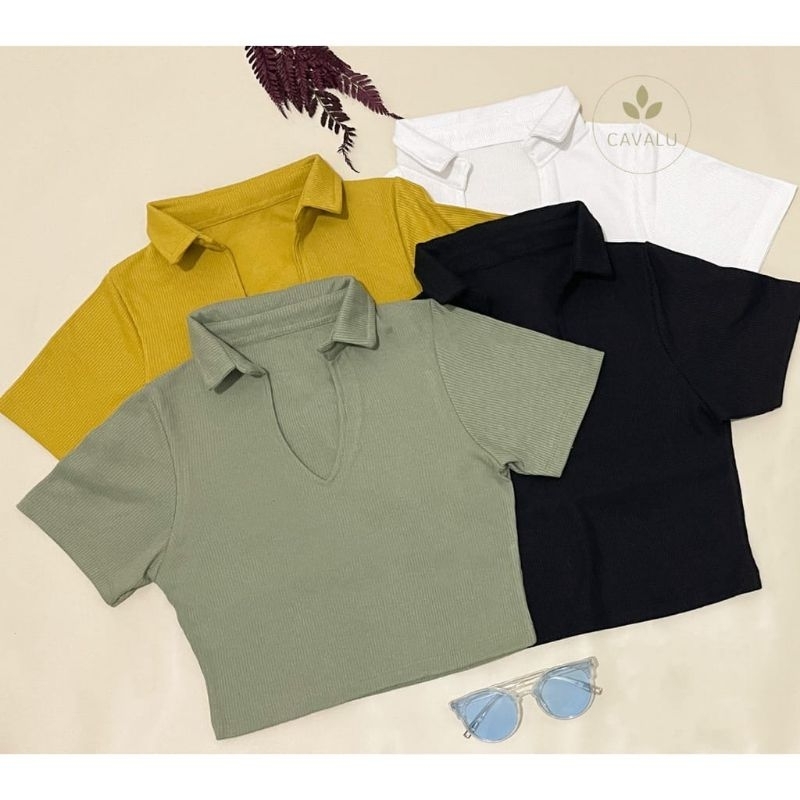 Crop Top Kerah V Rib Knit