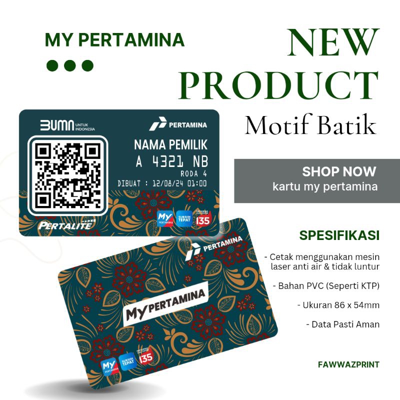 

CUSTOM KARTU MY PERTAMINA BAHAN PVC TEBAL MOTIF BATIK HIJAU