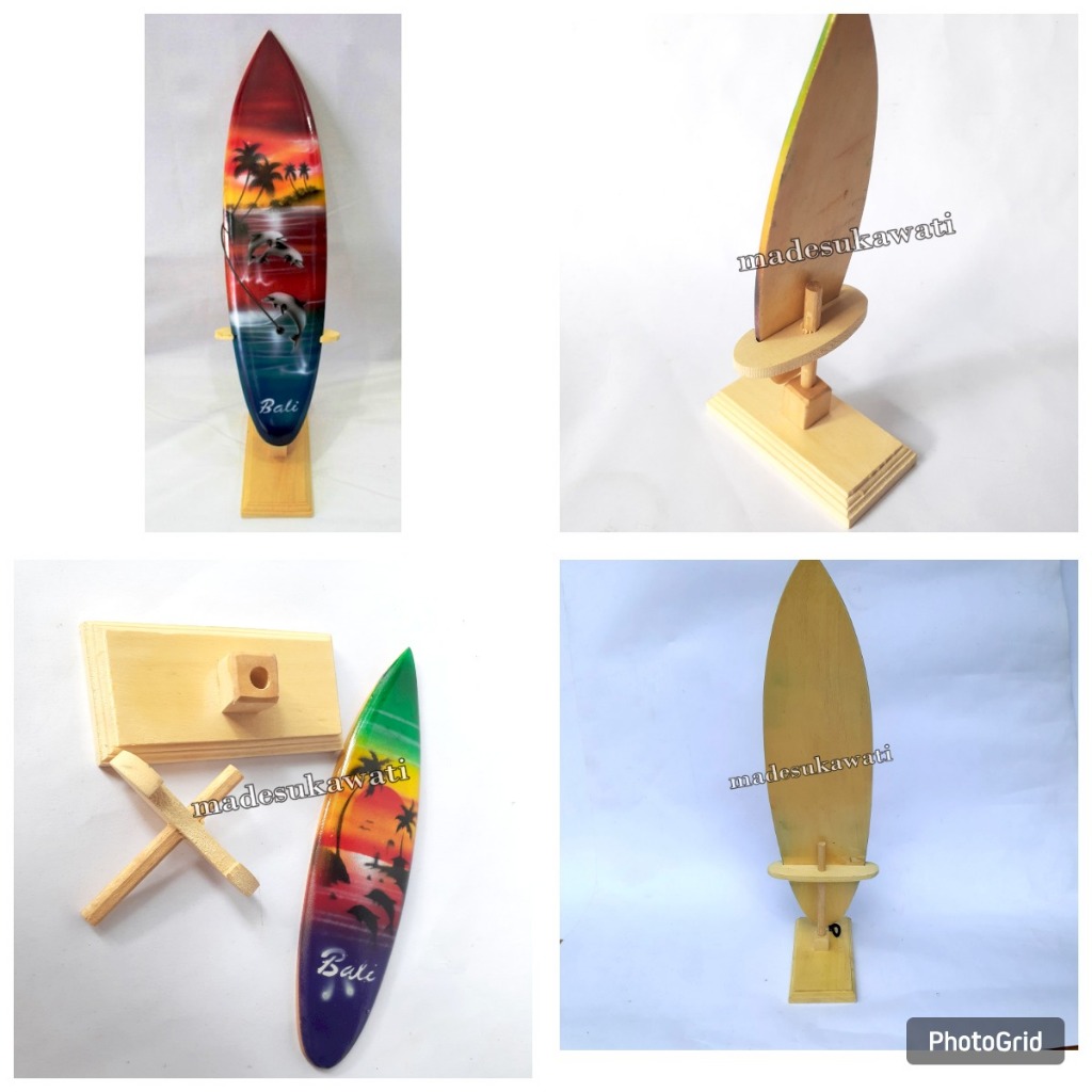 Hiasan meja pajangan miniatur papan surfing bali kerajinan tangan warna airbrush variasi pasir