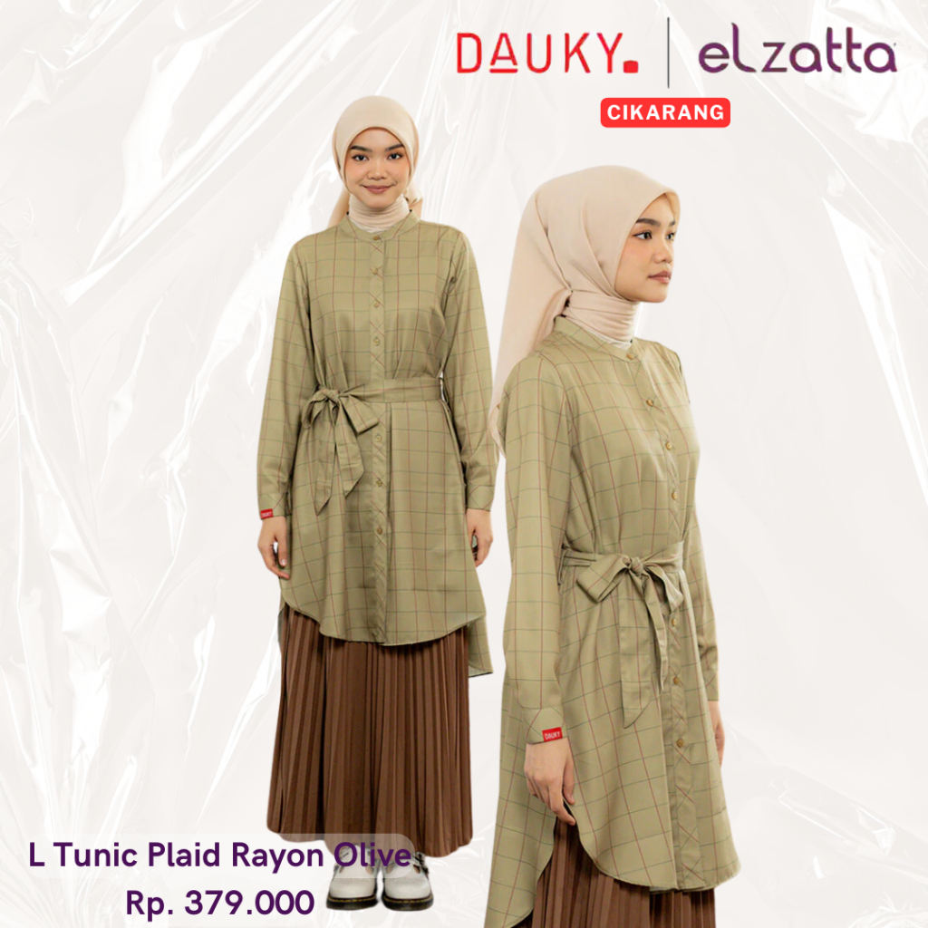 DAUKY L Tunic Plaid Rayon Olive - Fashion Muslim Atasan Tunic Motif Baju Long Tunik Midi Dress Bahan
