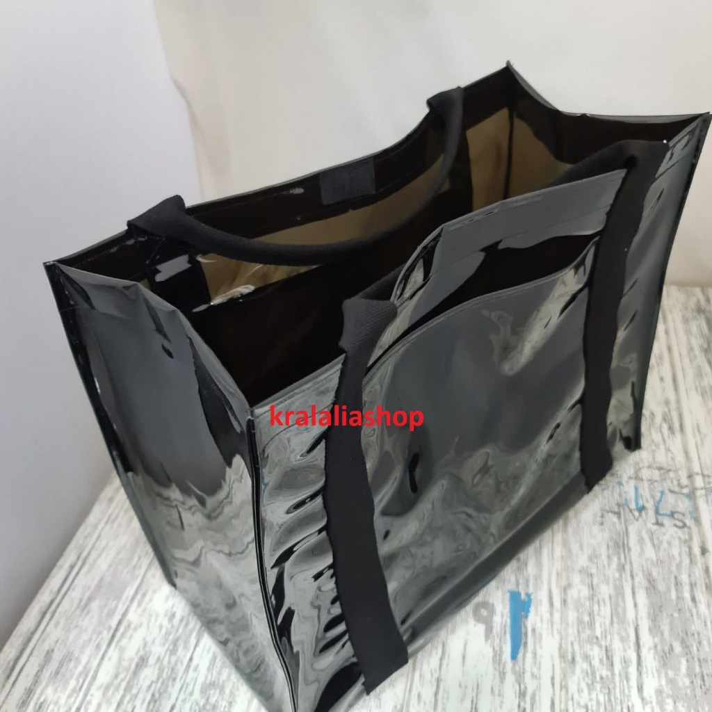 Tas tote mika pvc hitam transparant big size kuat multifungsi tas kerja tali webing tebal