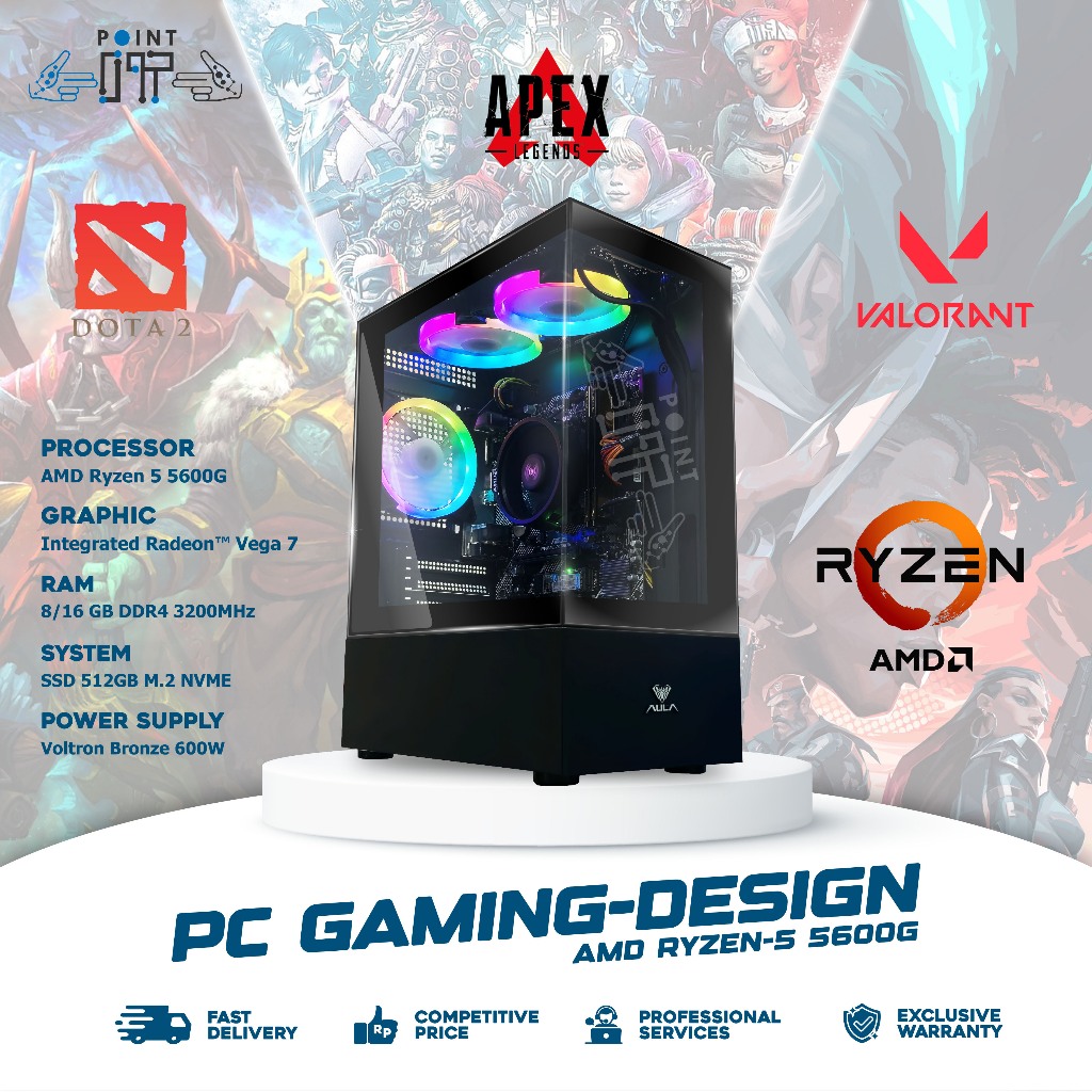 PC GAMING DESIGN RYZEN 5 5600G / RAM 16GB DDR4 3200MHz / SSD 512GB M2 NVMe + Monitor Samsung 24" FHD