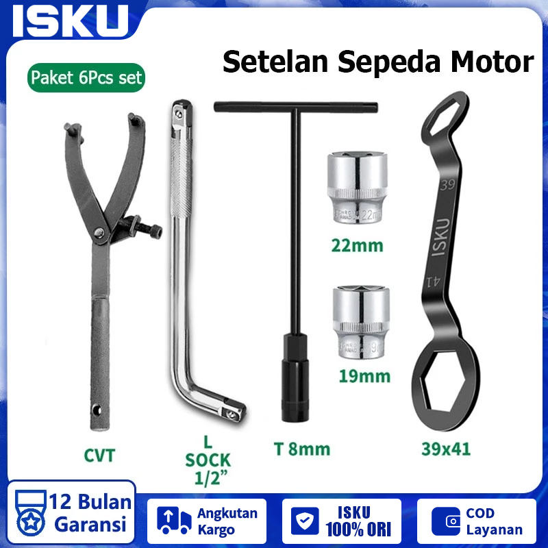 ISKU Kunci Treker CVT Matic + Kunci Tahanan Mur Kopling 39 x 41+ Kunci T 8mm + Mata Shock 19 22mm+Ga
