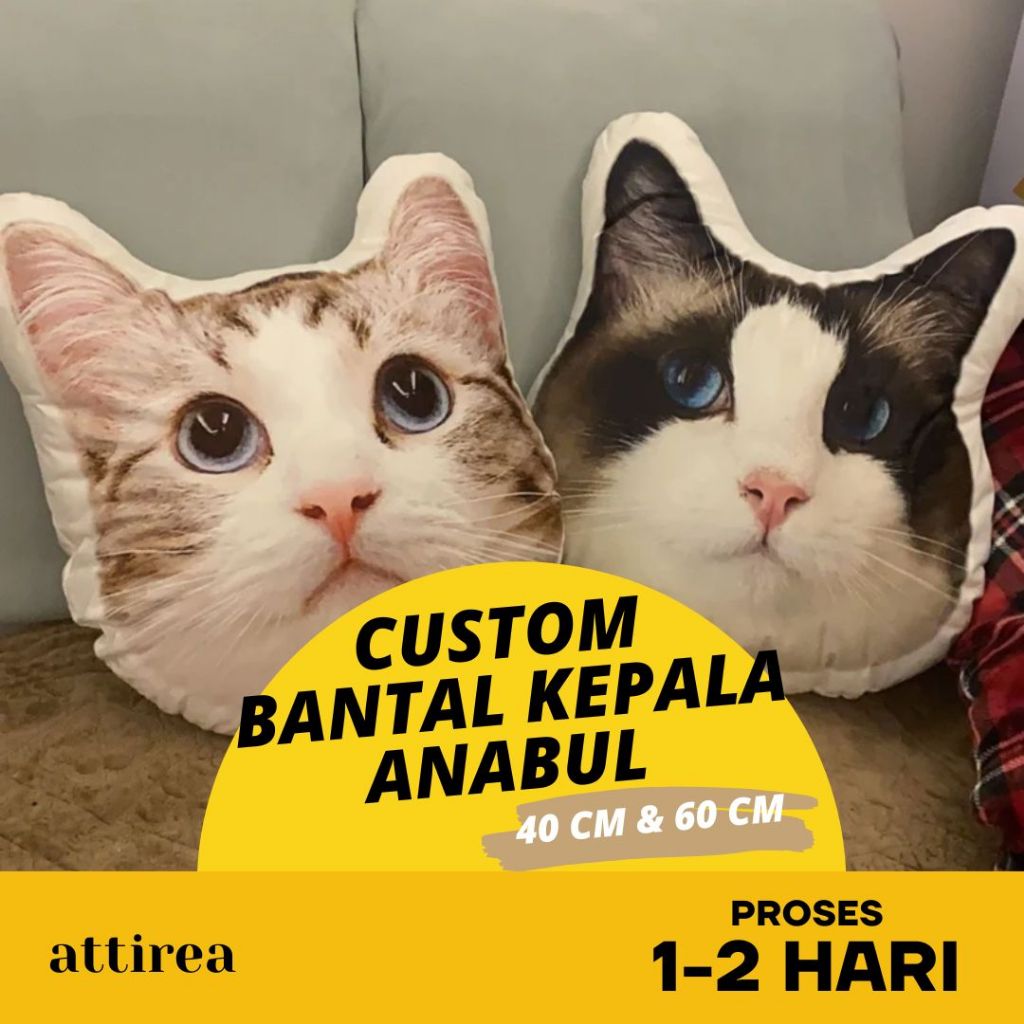Bantal Bentuk Kepala Custom Anabul/Kucing/Anjing/Pet Full Print