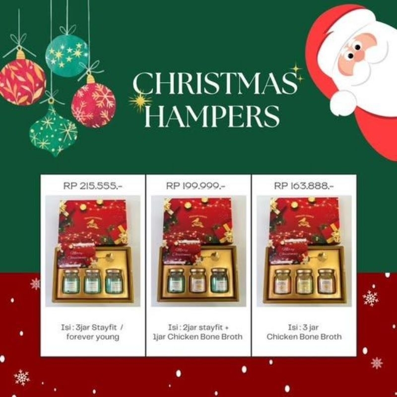 

Christmas Hampers Realfood Bersertifikat BPOM Halal Isi 3 jar (Stay Fit, Forever Young, Chicken Bone Broth) (Sesuai Pilihan)