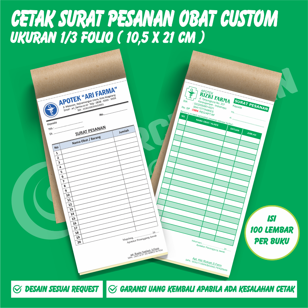 

cetak surat pesanan apotek 1/3 folio custom