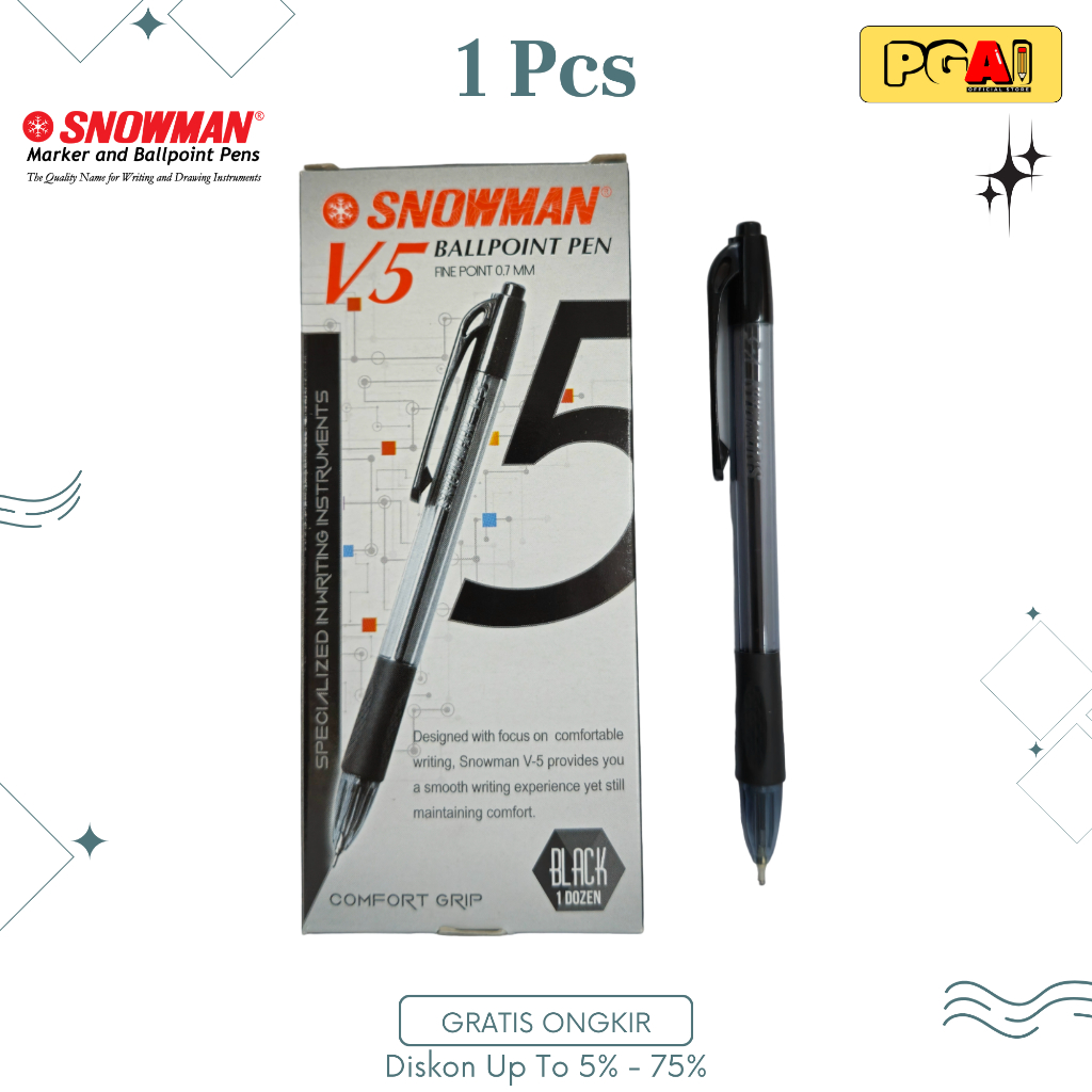 

(PGAI) BOLPOIN PULPEN BALLPOINT SNOWMAN V5 0.7 MM 1 PCS VARIAN TINTA HITAM MERAH BIRU