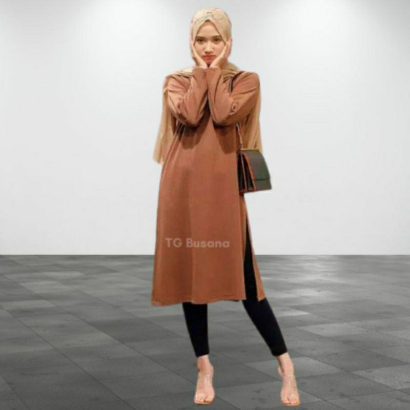 Atasan Wanita Kekinian Tunik Belah Samping Lengan Panjang Jumbo Oversize Knit Rajut Ld 120 130