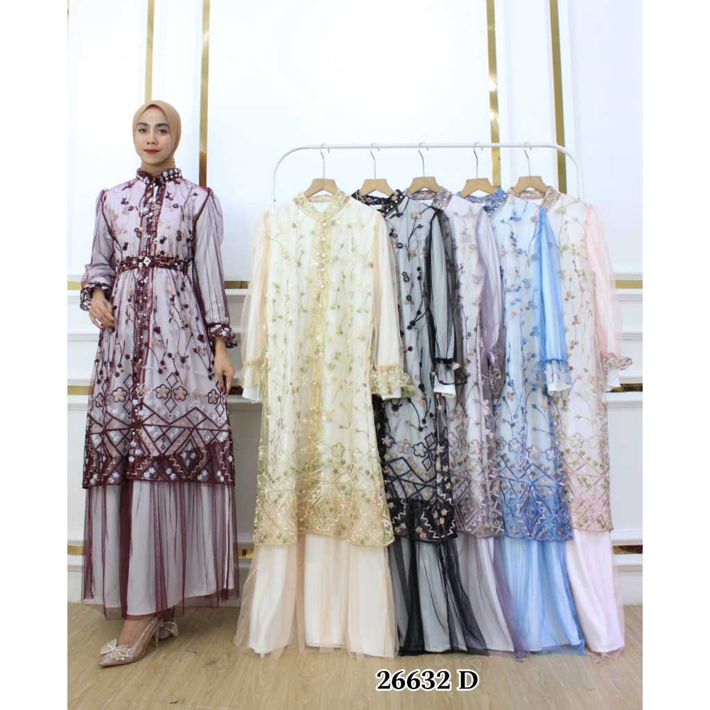 Dress Gamis Outer terpisah Gardigan Hijab Brukat Tile Lengan Panjang Kondangan/Raya Mewah Modern Ter