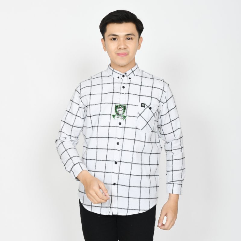 Putih Garis 1 Hitam Kemeja Flanel Pria Lengan Panjang Kemeja Casual Cowok Cewek Distro