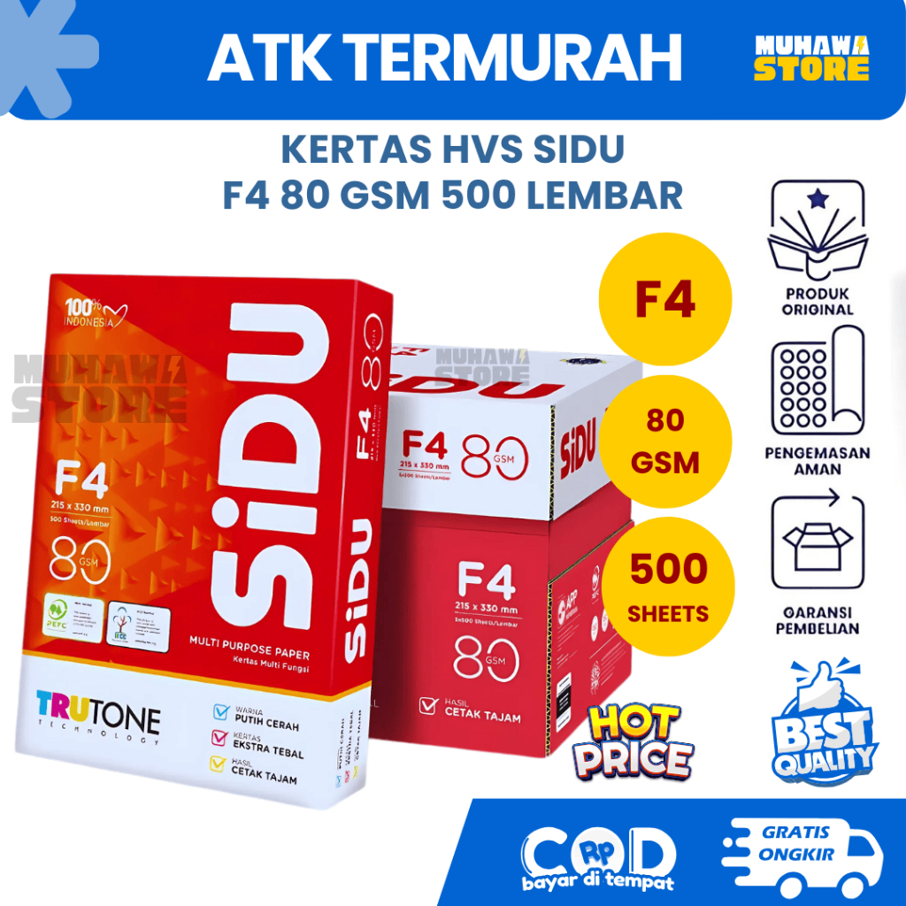 

KERTAS HVS SIDU F4/80 GSM ISI 500 LEMBAR KERTAS MULTI FUNGSI PRINT & FOTOCOPY