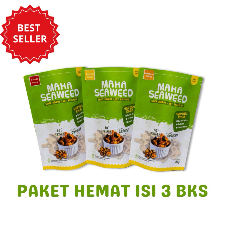 

( PAKET HEMAT 3 BKS ) Mahaseaweed Keripik Rumput Laut berbahan dasar Nori Sushi yang bersertifikat Halal MUI Cocok Untuk Cemilan Diet serta Cemilan Murah dengan Netto 50g dan Snack Kiloan ukuran 1/2 Kg Bisa COD dan Garansi Produk Asli 100% aman Dikonsum