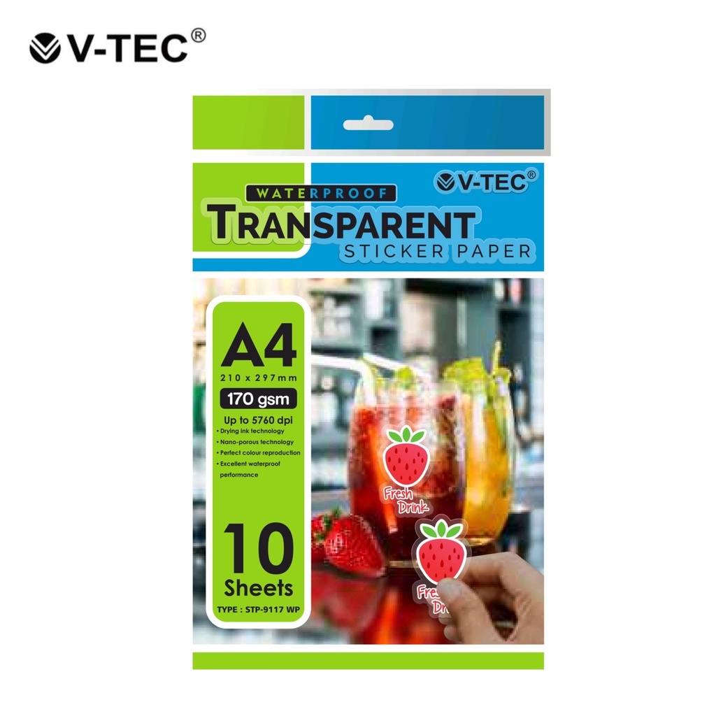 

V-TEC Transparent Sticker Paper Waterproof A4 - 170gsm - 10 lembar/ Kertas Sticker Transparan Tahan Air