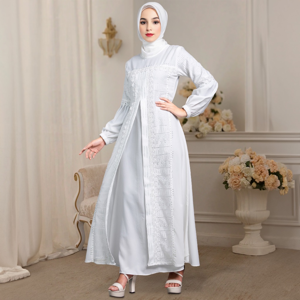 KYVA GAMIS MUSLIM WANITA ABAYA PUTIH TURKEY BROKAT TERBARU 054 REMAJA MEWAH