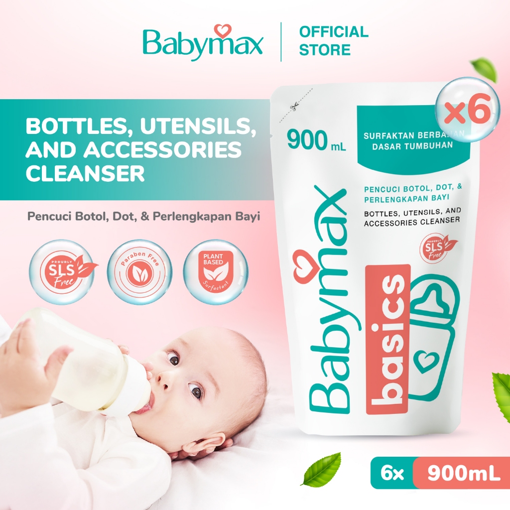 Babymax Basics Bottle, & Utensils, Cleansers 900 mL- isi 6 pcs - Sabun Botol Bayi - SLS Free - Natur