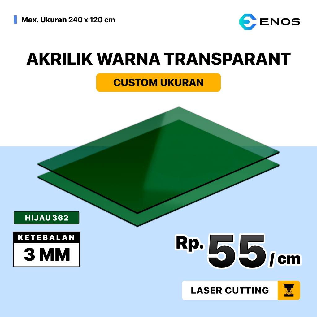 Akrilik Lembaran Transparan Warna Hijau 3mm Custom Ukuran /Acrylic Sheet