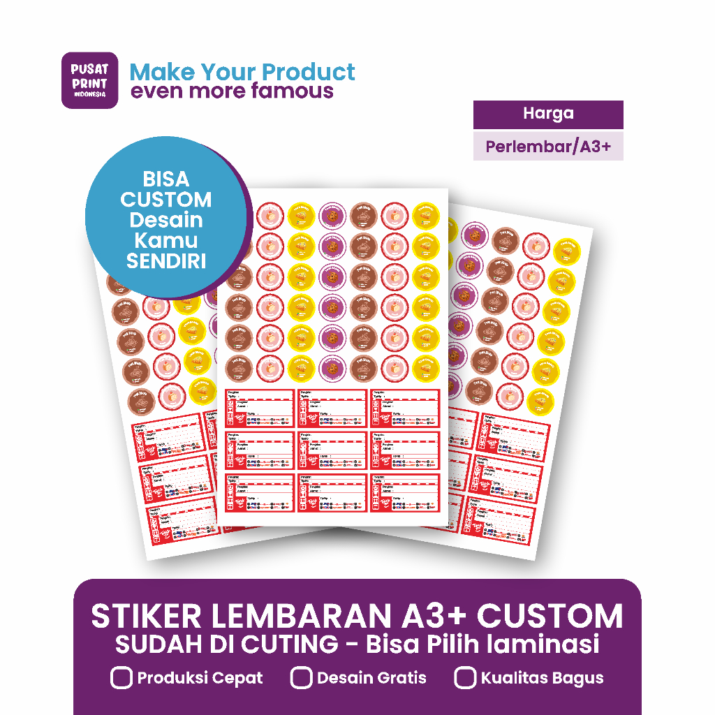 

Print Stiker Label Kemasan A3+ Laminasi/Tanpa Laminasi