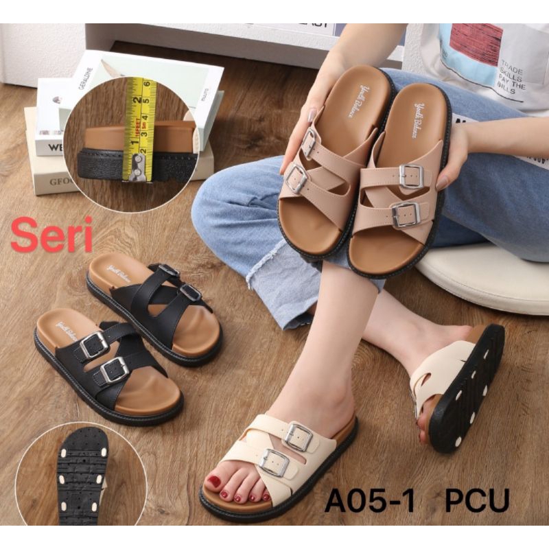 Sandal Selop Wanita Karet Import BALANCE Motif Silang gesper SOL TEBAL 5CM
