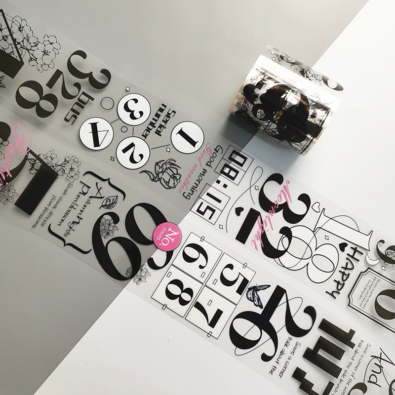 

(1FE) washi tape selotip transparan tulisan word number angka retro monokrom deco journaling