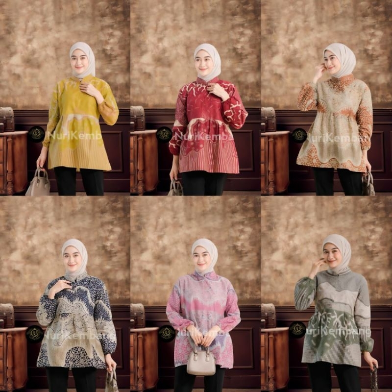 Batik Blouse Lengan Balon Wanita Blues Batik kerja Cantik modis Elegan