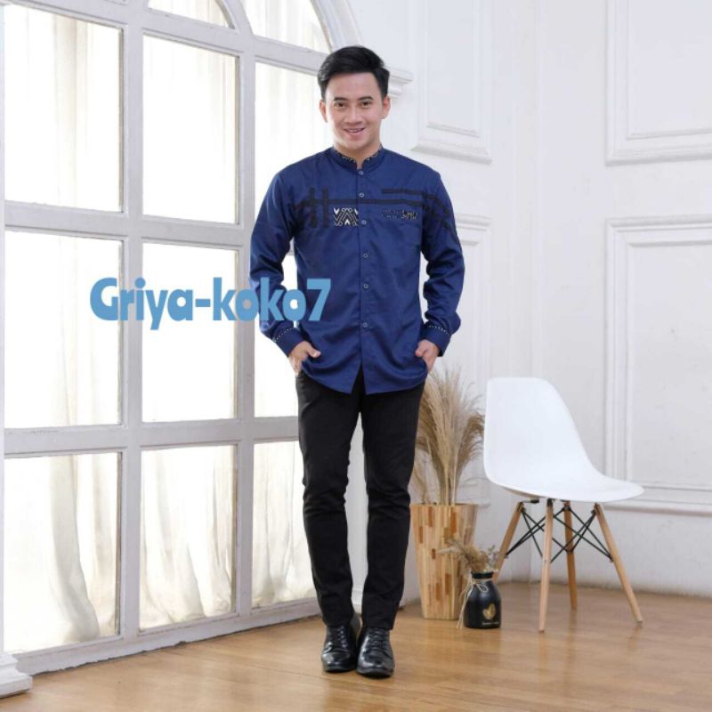 Baju Koko Lengan Panjang Warna Hijau Botol Motif Kombinasi Kain Katun Toyobo Premium