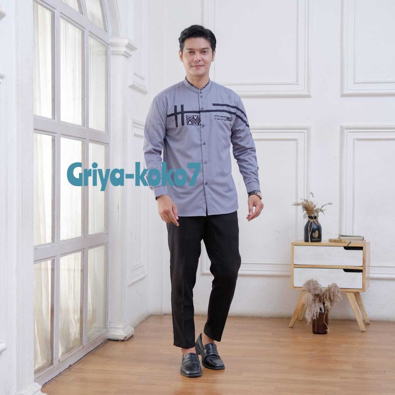 Baju Koko Lengan Panjang Warna Abu Kain Katun Toyobo Premium motif Kombinasi