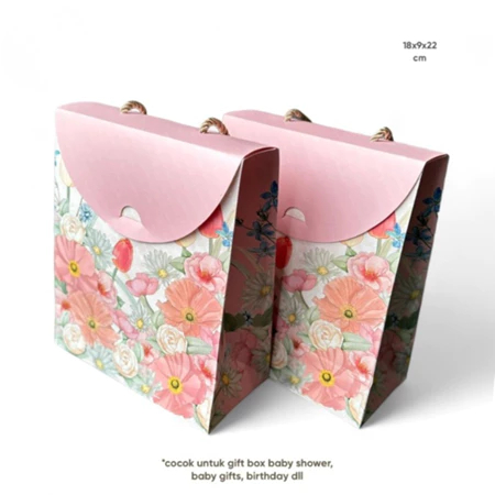 

( 10 pcs ) biggy bag box baby shower wedding motif pinky flowers dus ivory packaging souvenir hampers lebaran ukuran 18x9x22 cm