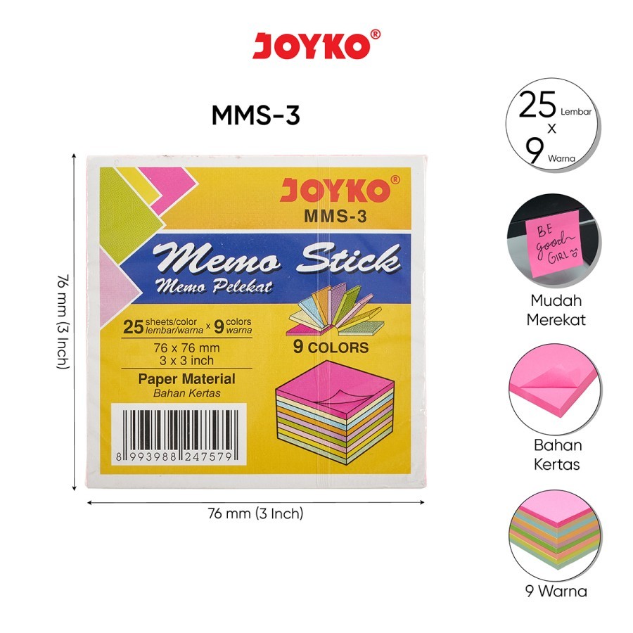 

STICKY NOTE / MEMO STICK / KERTAS MEMO JOYKO 7.6X7.6 CM MMS-3