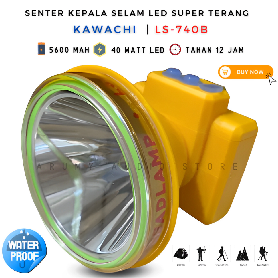 Senter Kepala Selam Led Lithium Kawachi Ls 740b 40 Watt Putih | 40watt Rechargeable Tahan 12 Jam