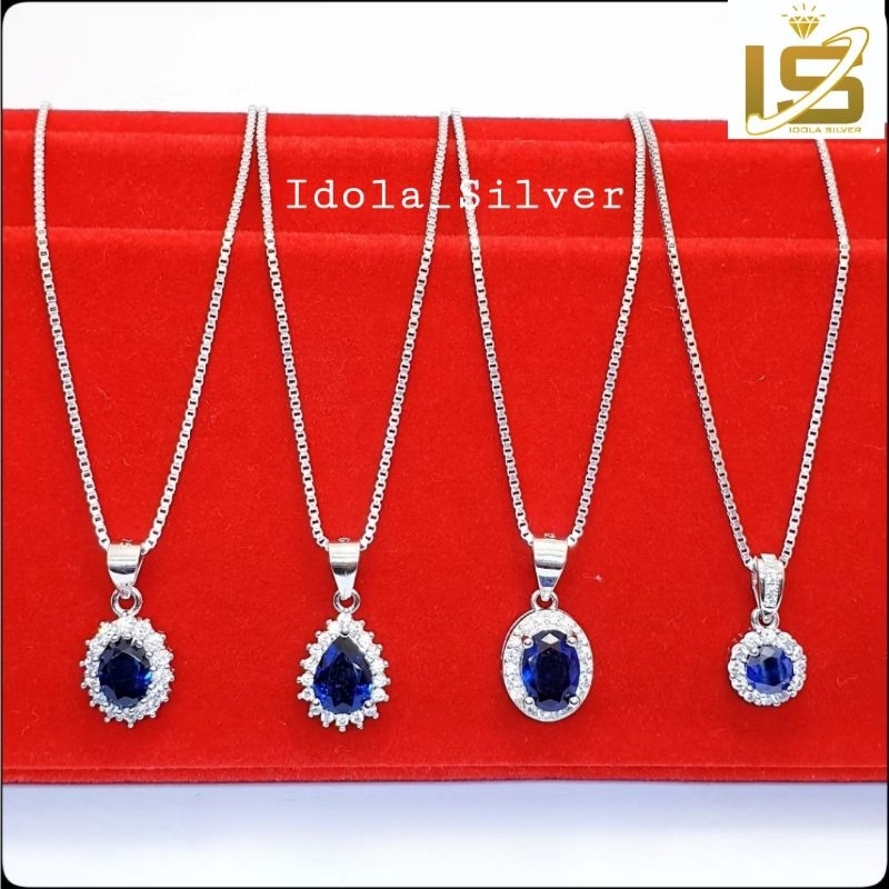 Kalung Perak Asli Silver nita 925 Lapis Emas Putih Rantai ItaliSanta Liontin Permata Biru - Kalung