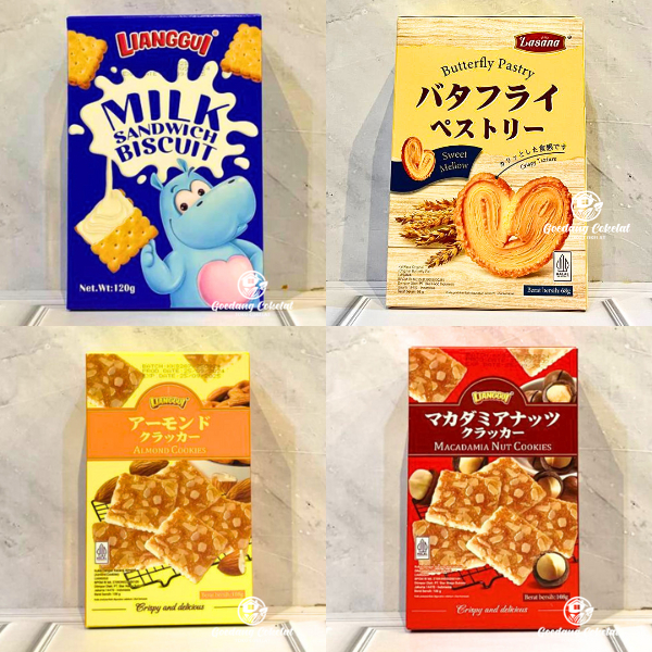 

Lianggui Cookies Milk Sandwich Biscuit Macadamia Almond Nut Cookies Lasana Butterfly Pastry 120g / 108g