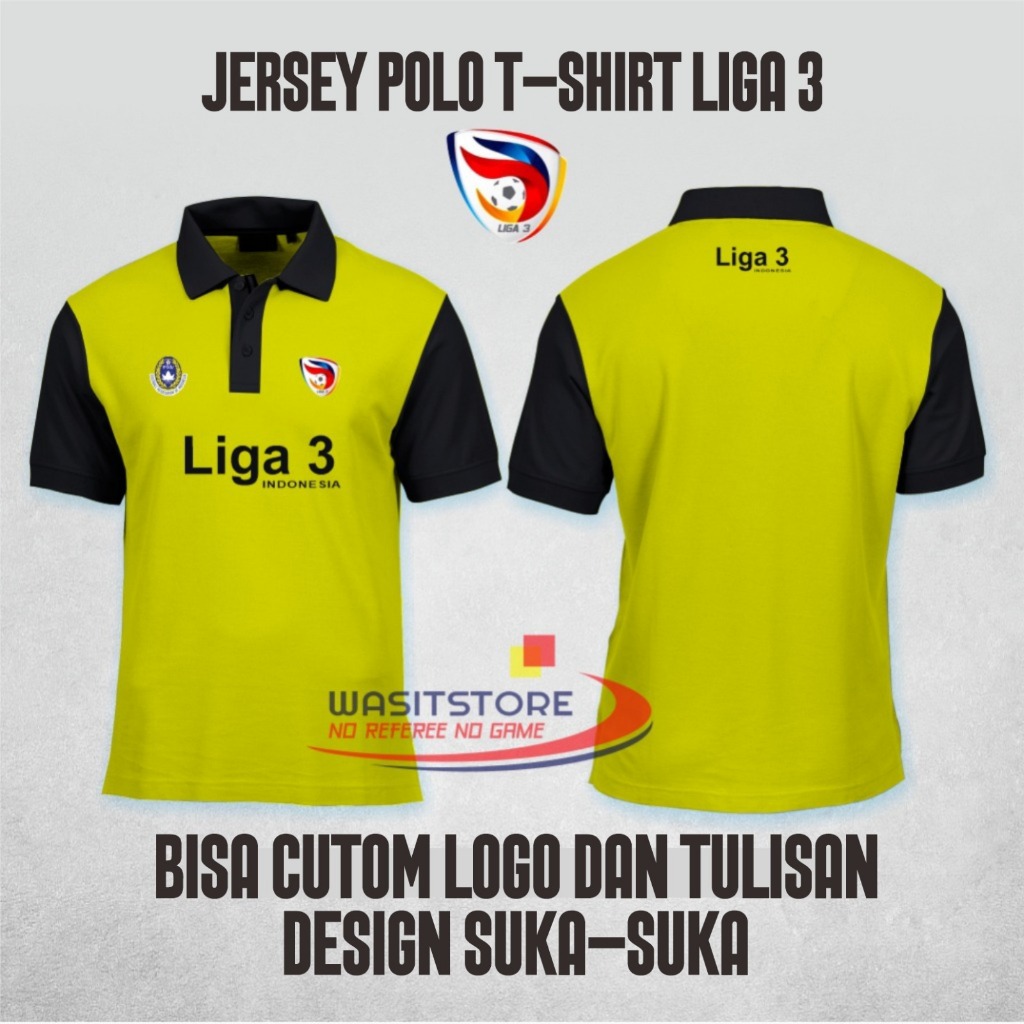 JERSEY KERAH POLO T-SHIRT CUSTOM / BAJU WANGKI LIGA 3 INDONESIA MD; LENGAN & KERAH WARNA (PSSI - LIG