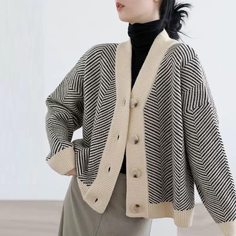 Atheena Collection - Cardigan Korea Rajut Wanita Lengan Panjang motif Zigzag Hitam Putih