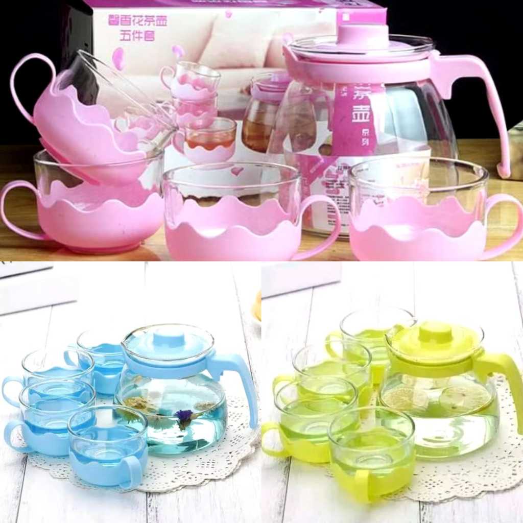 Tea Pot Set 800ml M 193 (T. Saring) | Teko Air 5 in 1 Tanpa Saringan kaca dan Gelas set
