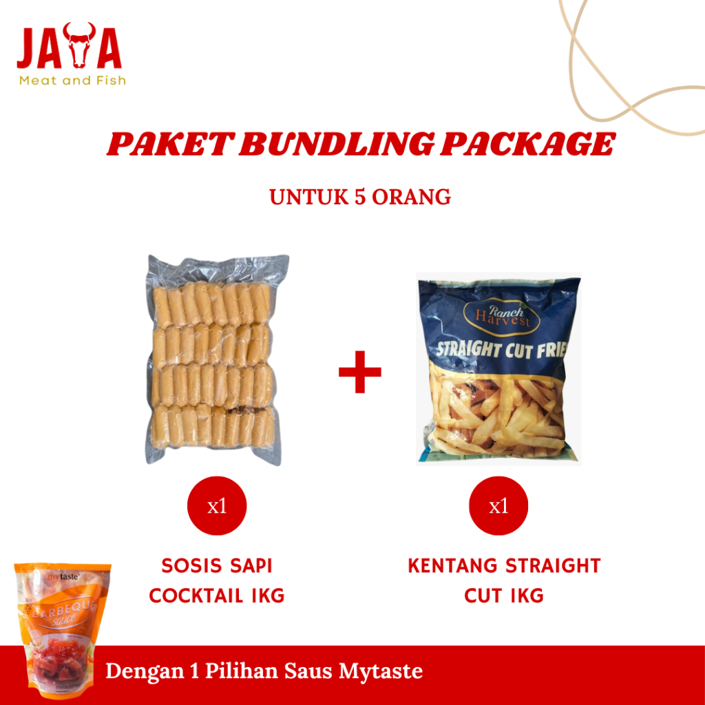 

Sosis Sapi Cocktail 1 Kg | Kentang Straight Cut 1Kg | Saus Bakaran | Paket Bundling Hemat