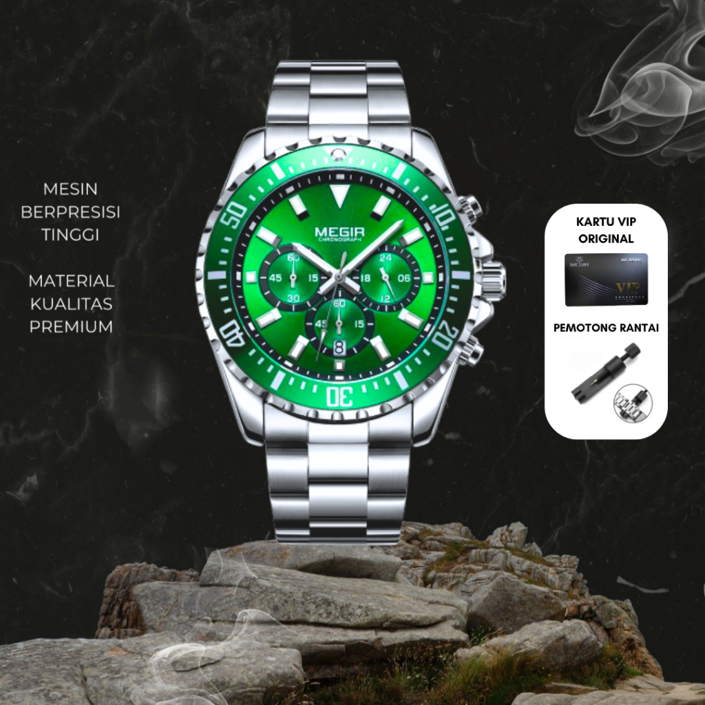 Jam Tangan Cowok Original MEGIR 2064 Stainless Steel luminos Krono Aktif