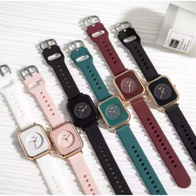 Jam JHUI Kotak Strap PU Rubber Analog Wanita