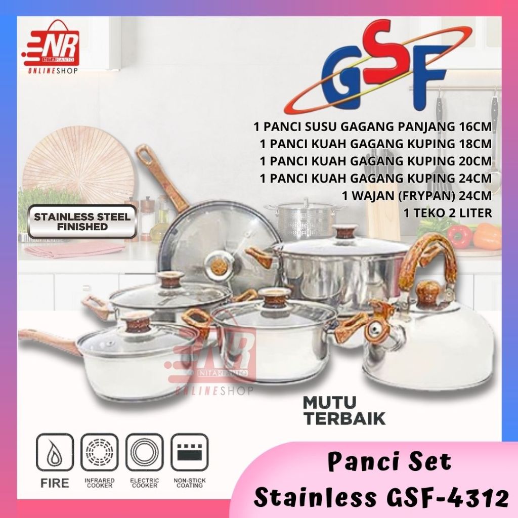 Panci Set Stainless Steel 12Pcs GSF-4312 / Panci Stainless Tutup Kaca / Panci Rebus Panci Goreng / T