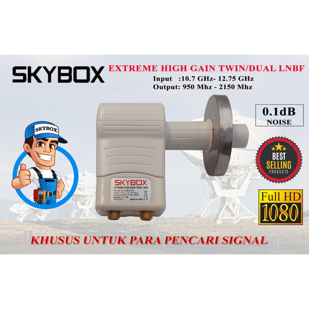 LNB Ku Band Prime Fokus Skybox Dual Out SBX-02 bonus holder/bracker lnb