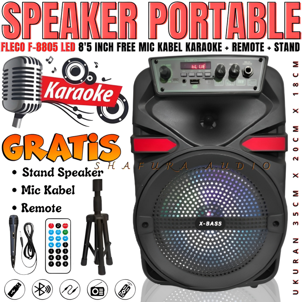 Termurah Speaker Bluetooth Fleco F-8805led 8'5 Inch Free Mic Kabel Karaoke + Remote + Stand | Speake