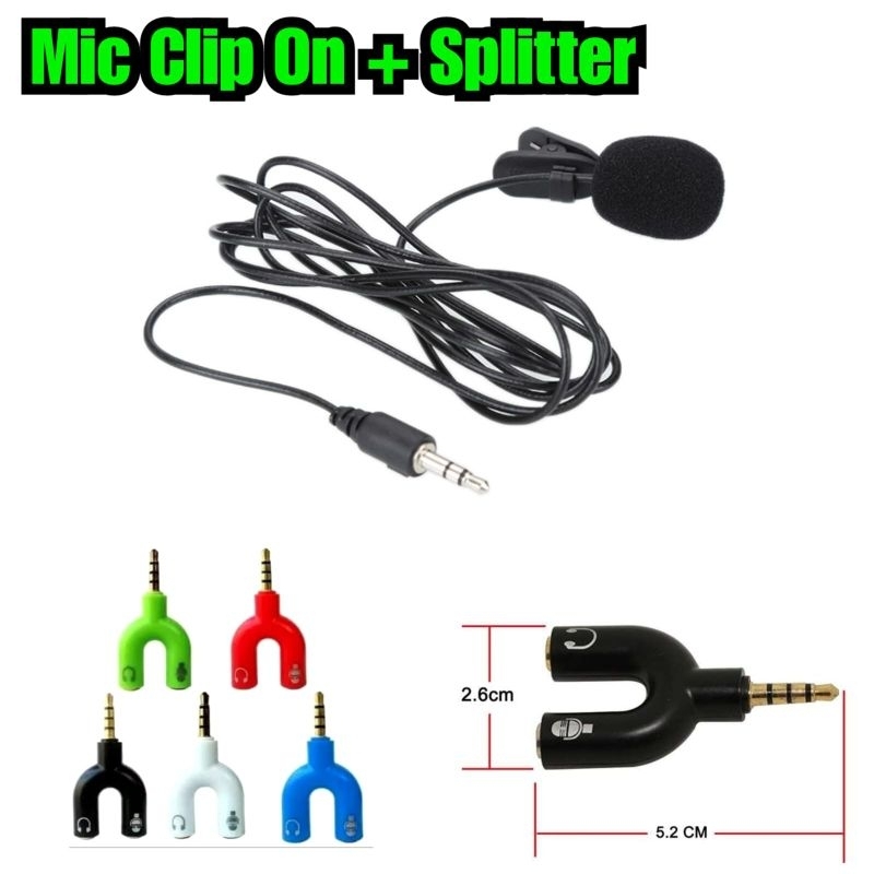Mic clip on plus splitter audio Mic Hp Mic external plus splitter sepaket Mic tambahan Hp Mic luar M